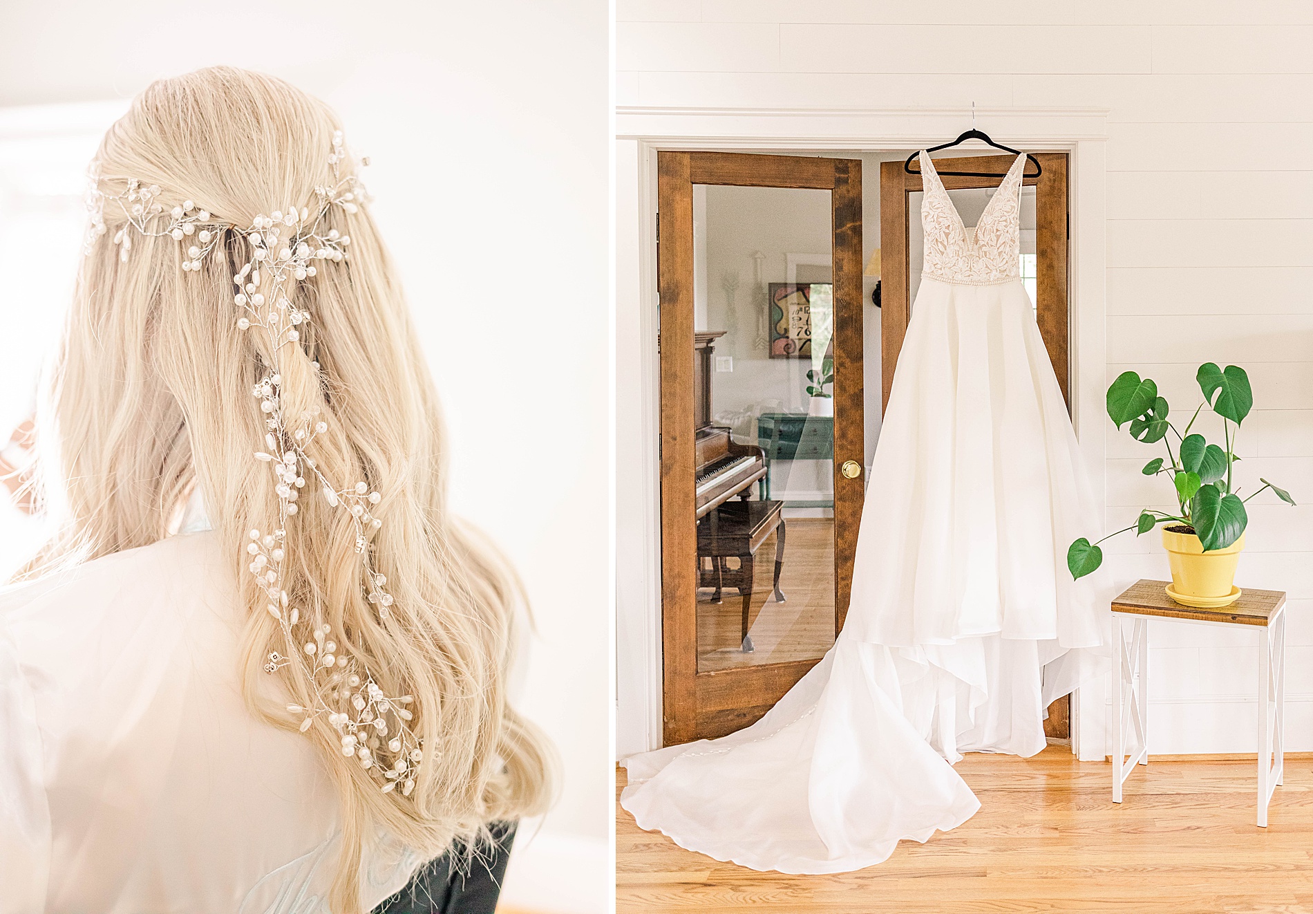 bride hair and wedding dress