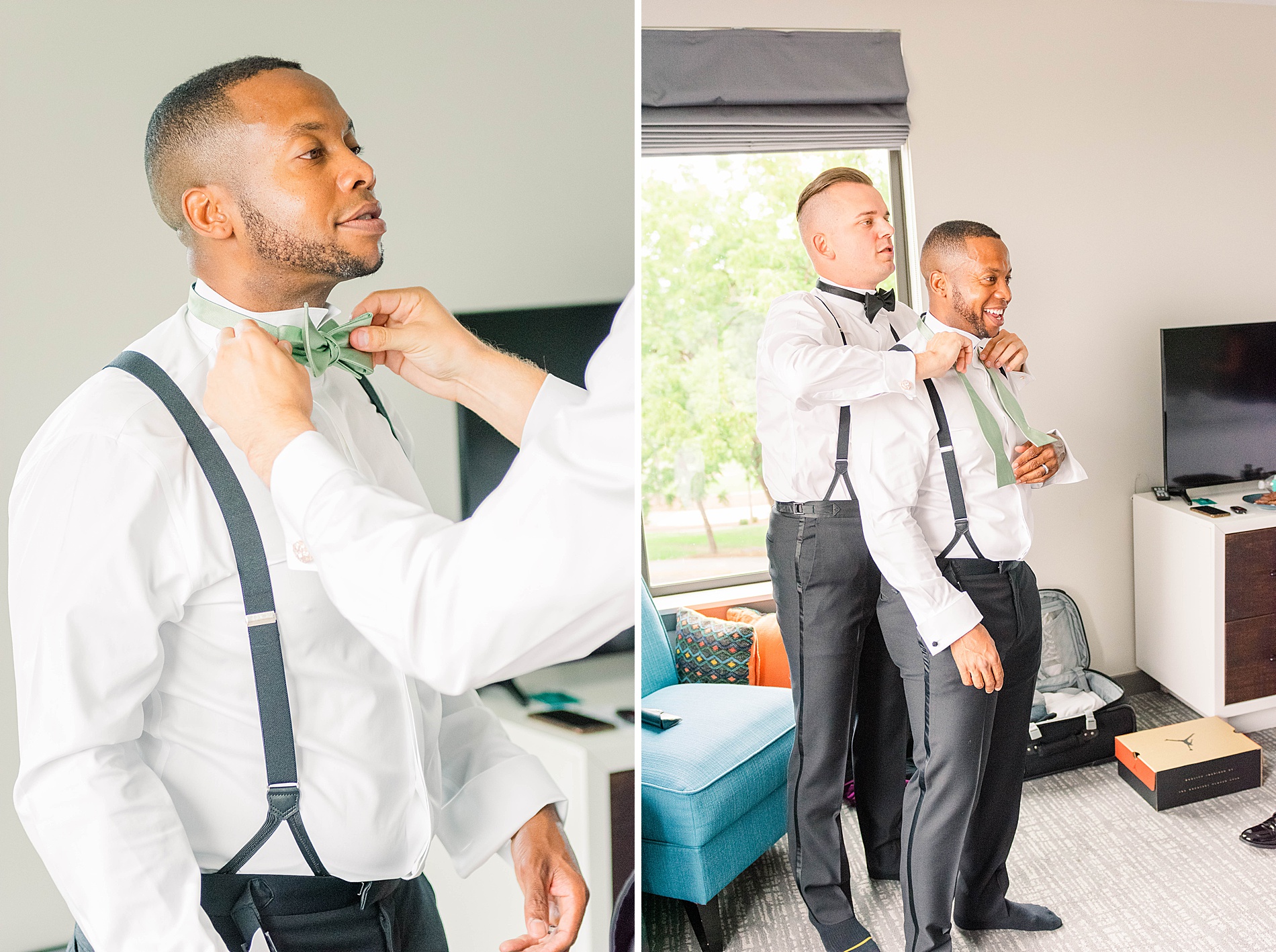 groom helps groomsmen with bowtie