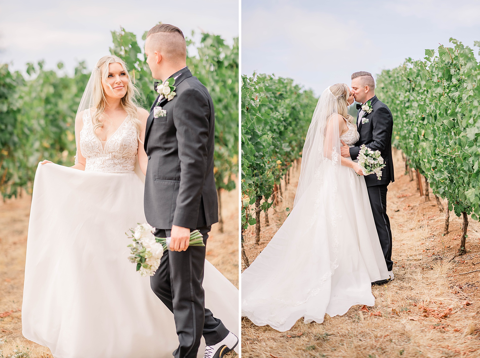 bride and groom walk through vineyard of Eola Holls wedding venue, Legacy Estate Vineyard  