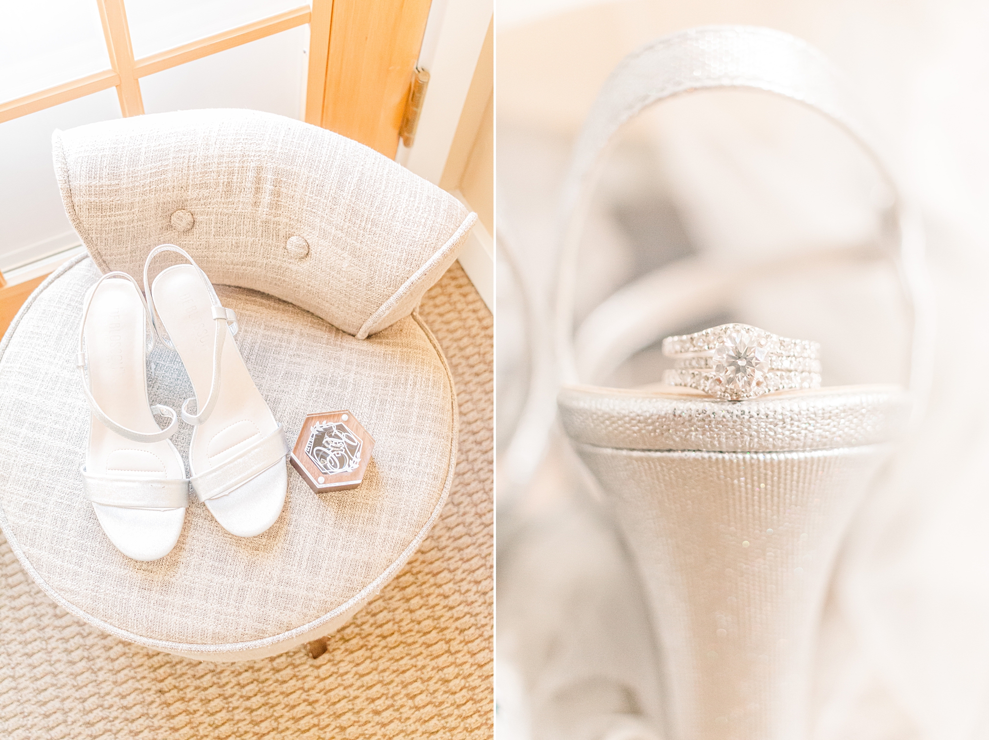 bride's shoes and wedding rings