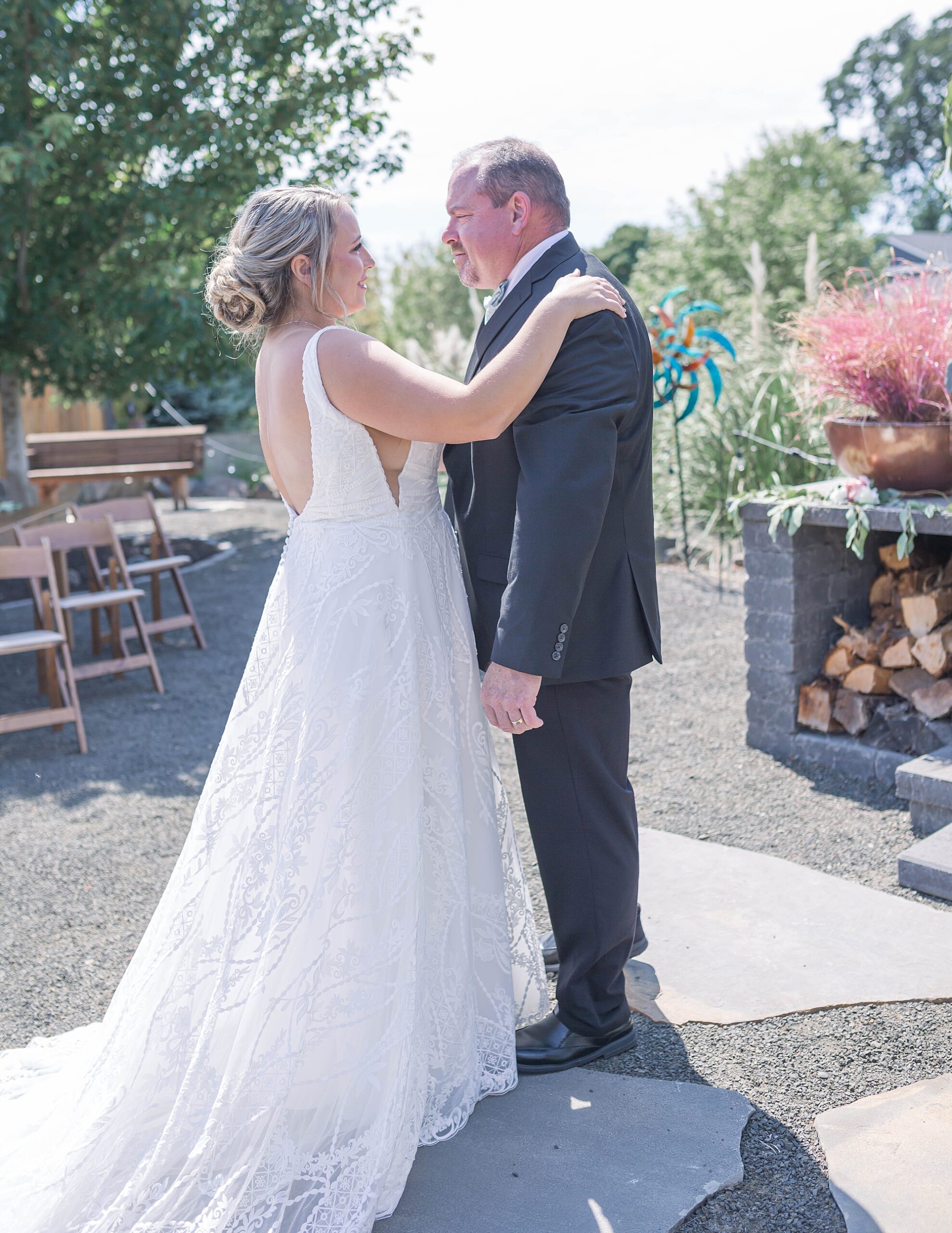 father-daughter moment before Intimate Backyard Oregon Wedding