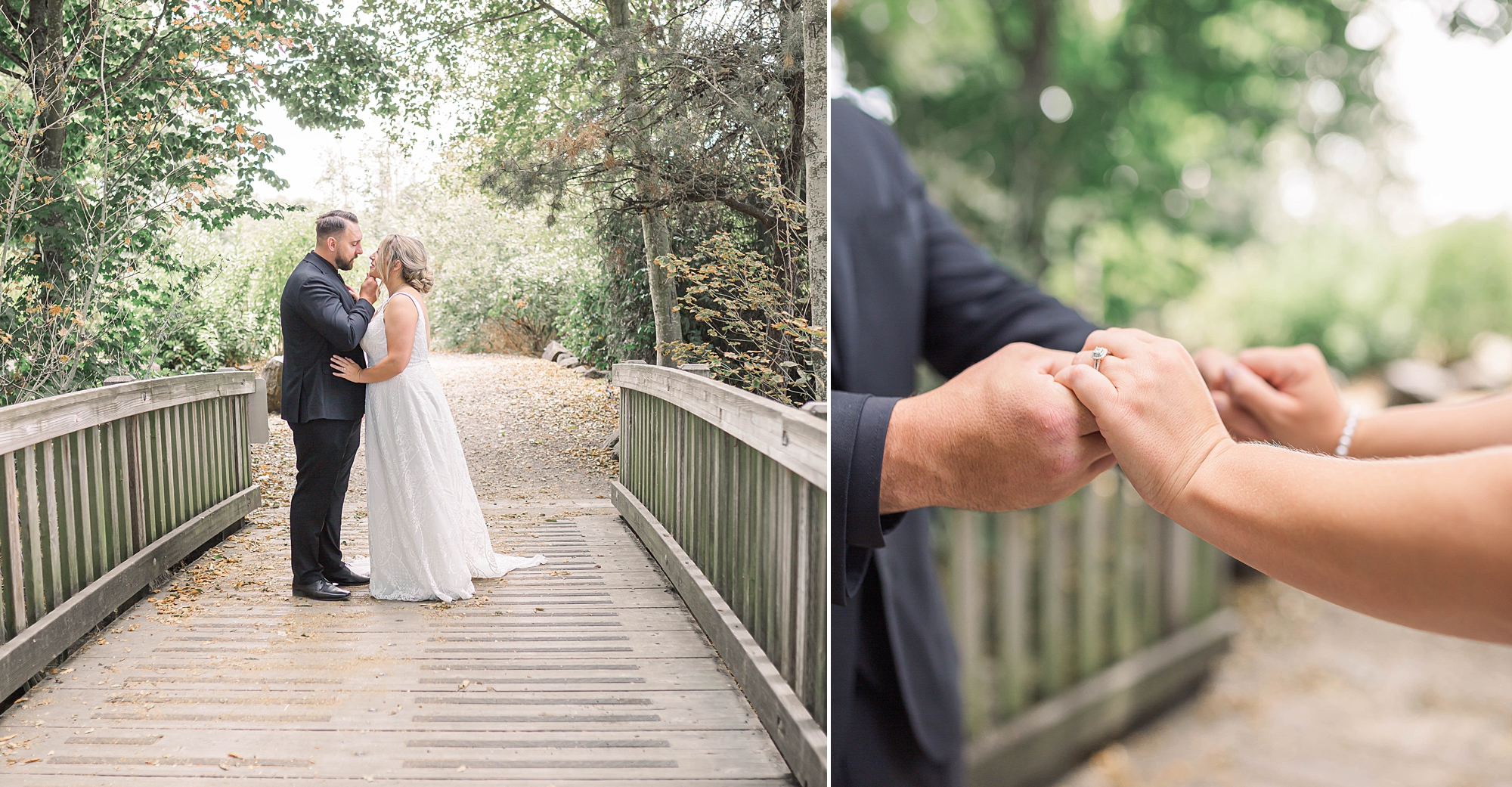 bride and groom hold hands during wedding portraits 