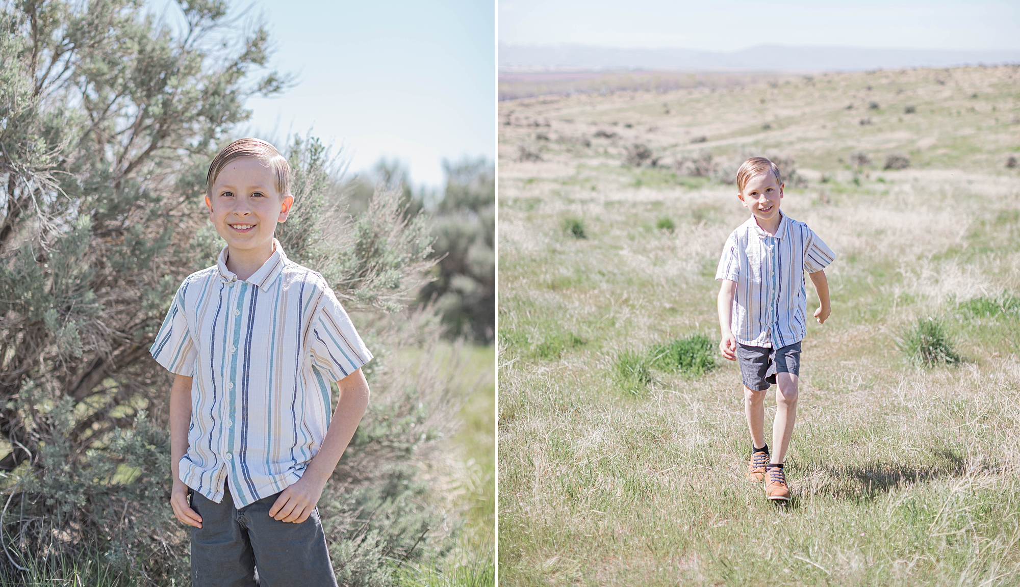 boy walks through landscape in Nampa Idaho during family photos
